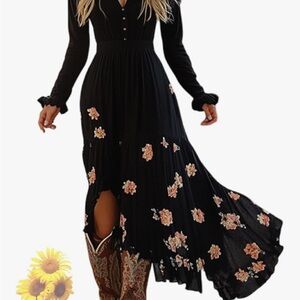 Elegant Black Floral Long Sleeve Dress
